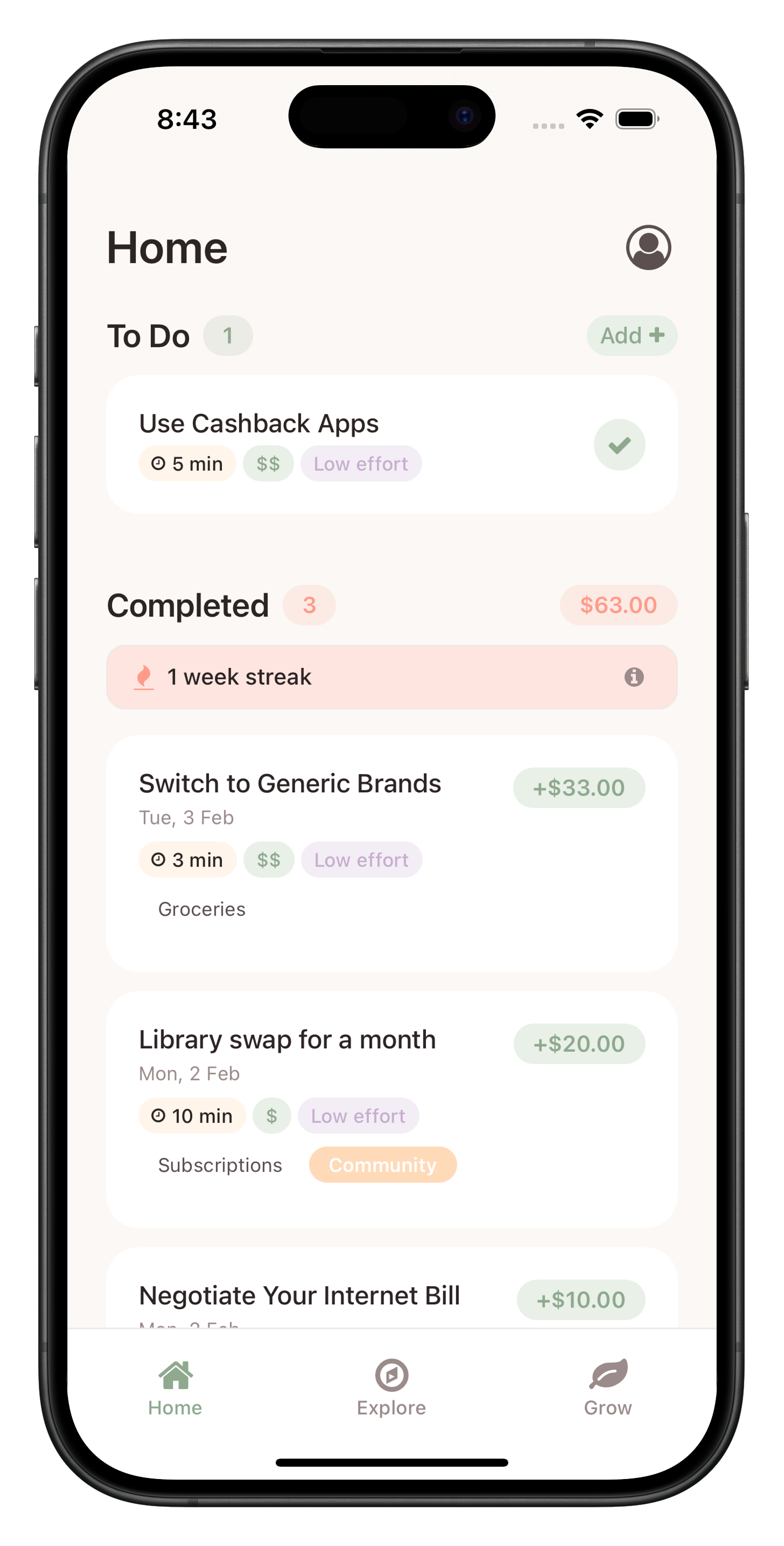 Money Mumma Home screen